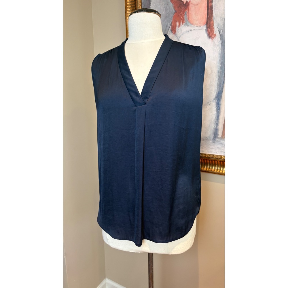 Vince Navy Blue Satin V-Neck Sleeveless Blouse Pleated Back Top XS